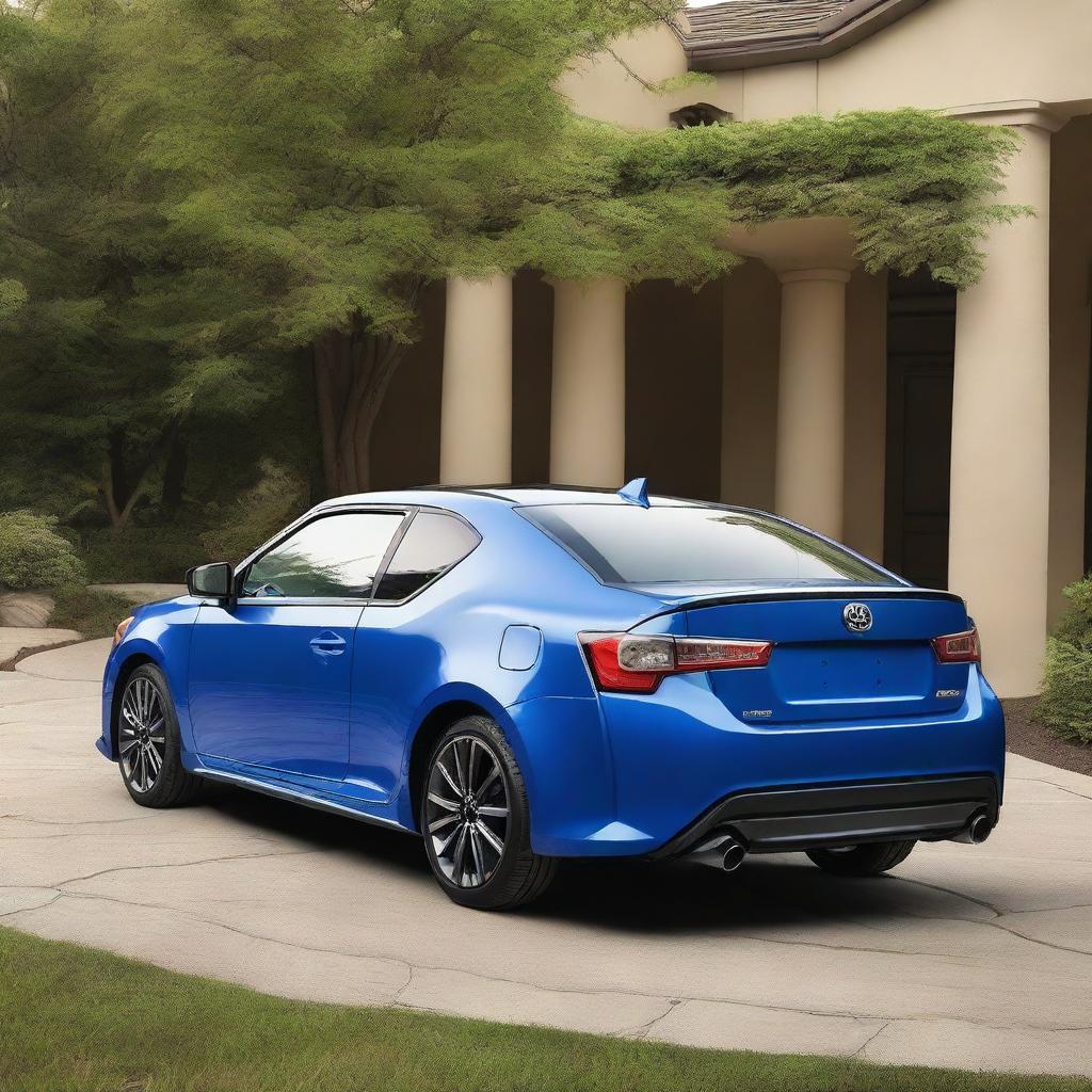 A 2016 Scion TC in dark blue with a roof cargo box on the roof