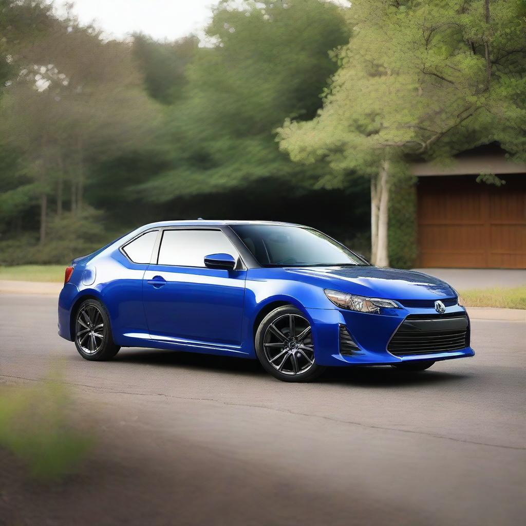A 2016 Scion TC in dark blue with a roof cargo box on the roof
