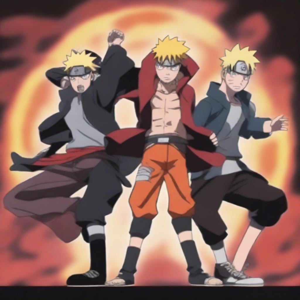 A vibrant and dynamic scene featuring the main characters from the Big 3 anime: Naruto from Naruto, Luffy from One Piece, and Ichigo from Bleach