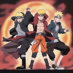 A vibrant and dynamic scene featuring the main characters from the Big 3 anime: Naruto from Naruto, Luffy from One Piece, and Ichigo from Bleach