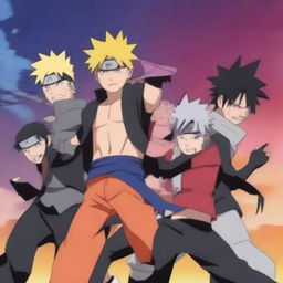 A vibrant and dynamic scene featuring the main characters from the Big 3 anime: Naruto from Naruto, Luffy from One Piece, and Ichigo from Bleach