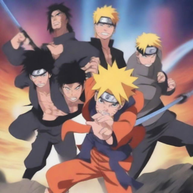 A vibrant and dynamic scene featuring the main characters from the Big 3 anime: Naruto from Naruto, Luffy from One Piece, and Ichigo from Bleach