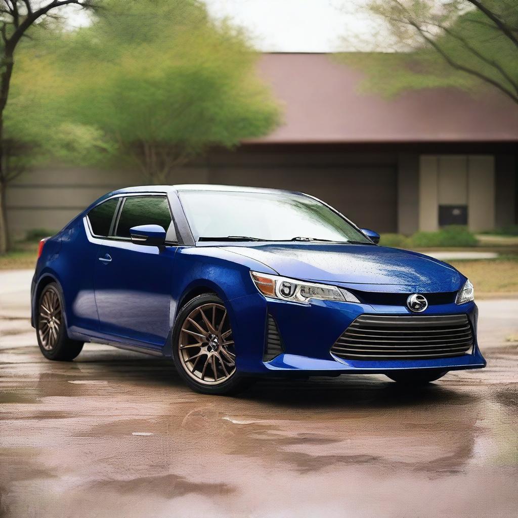 A 2016 Scion TC in dark blue with bronze wheels and mud flaps