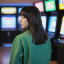 casual photograpy by kodak from the back, female , 23 year old with green eyes and black long hai with withe streaks in the bangs, jacket.,freckles, playing arcade video games, medium distance shot, high detailed, 4k hd,  --styerw--v 5.2 ar 2-3