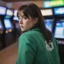 casual photograpy by kodak from the back, female , 23 year old with green eyes and black long hai with withe streaks in the bangs, jacket.,freckles, playing arcade video games, medium distance shot, high detailed, 4k hd,  --styerw--v 5.2 ar 2-3