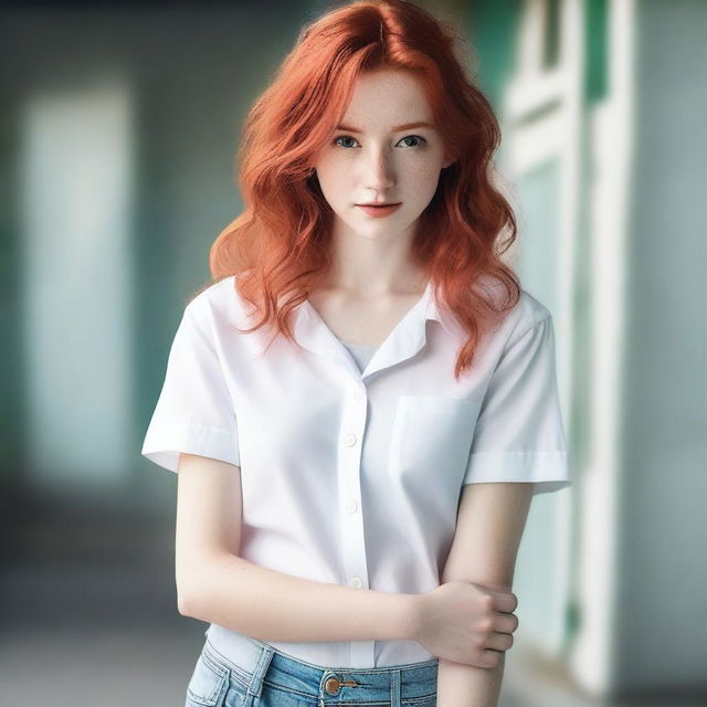 A red-haired girl looking directly into the camera, wearing a white shirt and shorts