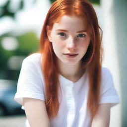 A red-haired girl looking directly into the camera, wearing a white shirt and shorts