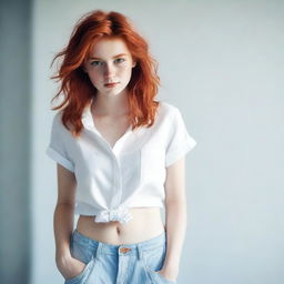 A red-haired girl looking directly into the camera, wearing a white shirt and shorts