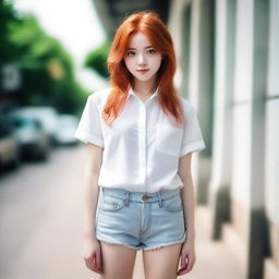 A red-haired girl looking directly into the camera, wearing a white shirt and shorts