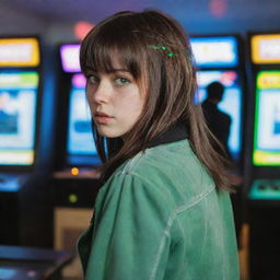 casual photograpy by kodak from the back, female , 23 year old with green eyes and black long hai with withe streaks in the bangs, jacket.,freckles, playing arcade video games, medium distance shot, high detailed, 4k hd,  --styerw--v 5.2 ar 2-3