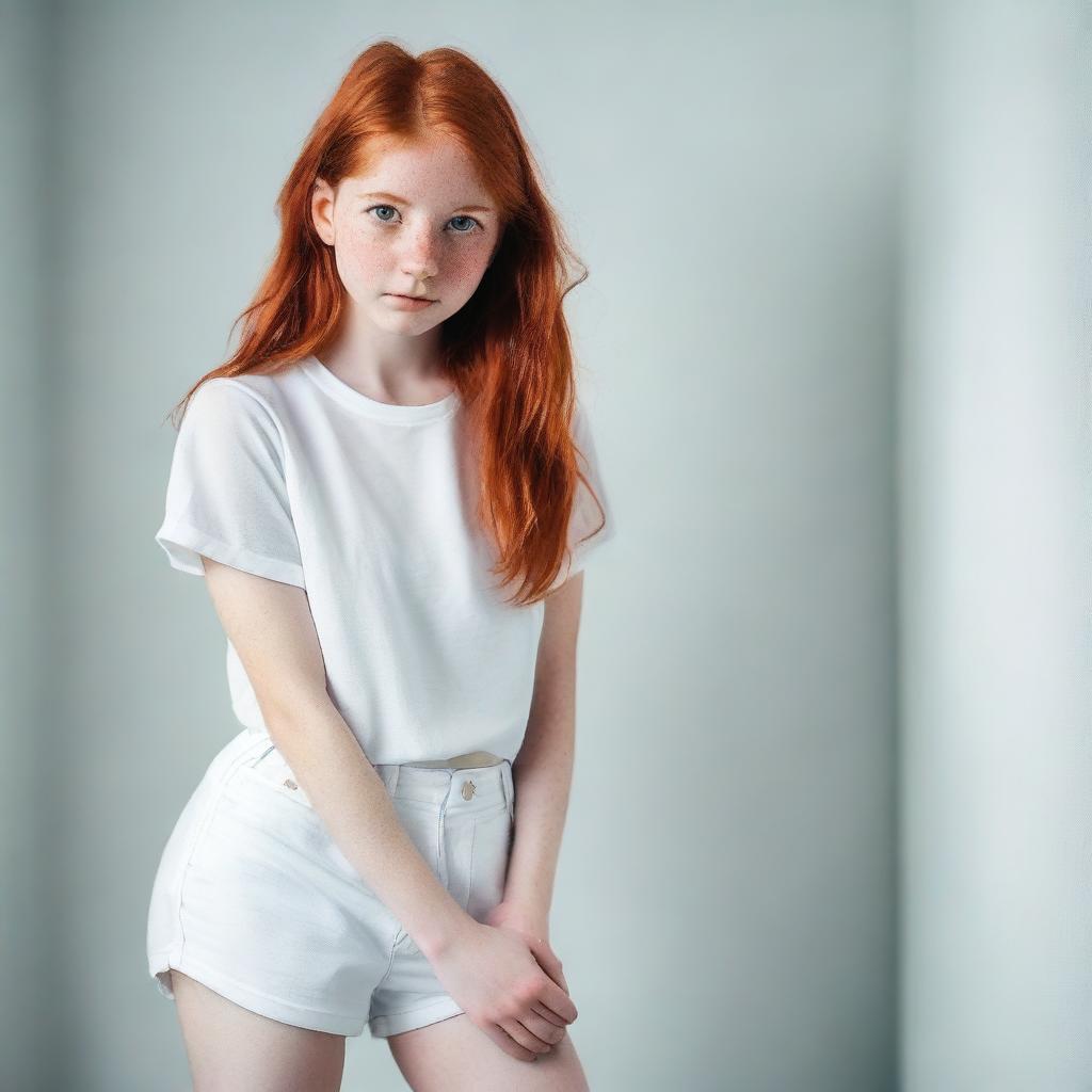 A red-haired girl looking directly into the camera, wearing a white shirt and shorts