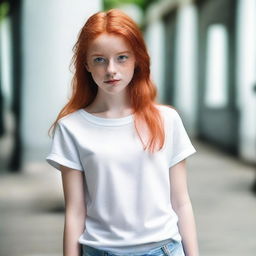 A red-haired girl looking directly into the camera, wearing a white shirt and shorts