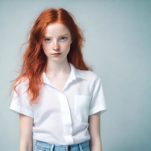 A red-haired girl looking directly into the camera, wearing a white shirt and shorts