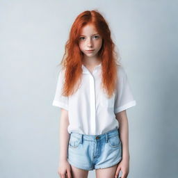 A red-haired girl looking directly into the camera, wearing a white shirt and shorts