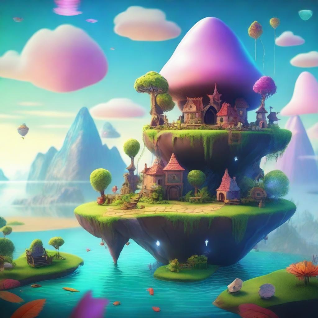 Create an imaginative and whimsical scene featuring a fantasy world