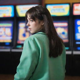 casual photograpy by kodak from the back, female , 23 year old with green eyes and black long hai with withe streaks in the bangs, jacket.,freckles, playing arcade video games, medium distance shot, high detailed, 4k hd,  --styerw--v 5.2 ar 2-3