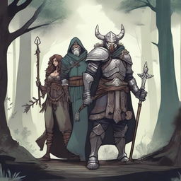 A detailed drawing of a warrior, a sorcerer, and a healer standing together in a dark forest