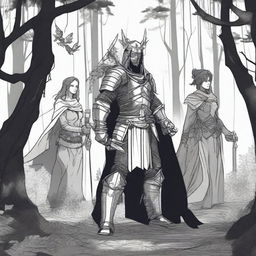 A detailed drawing of a warrior, a sorcerer, and a healer standing together in a dark forest