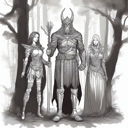 A detailed drawing of a warrior, a sorcerer, and a healer standing together in a dark forest