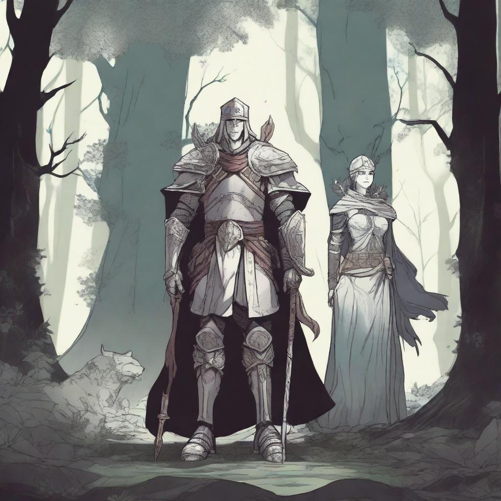 A detailed drawing of a warrior, a sorcerer, and a healer standing together in a dark forest