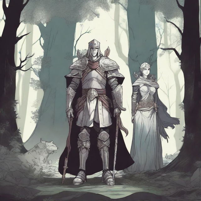 A detailed drawing of a warrior, a sorcerer, and a healer standing together in a dark forest