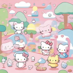 A delightful scene featuring Sanrio characters in a whimsical and colorful environment