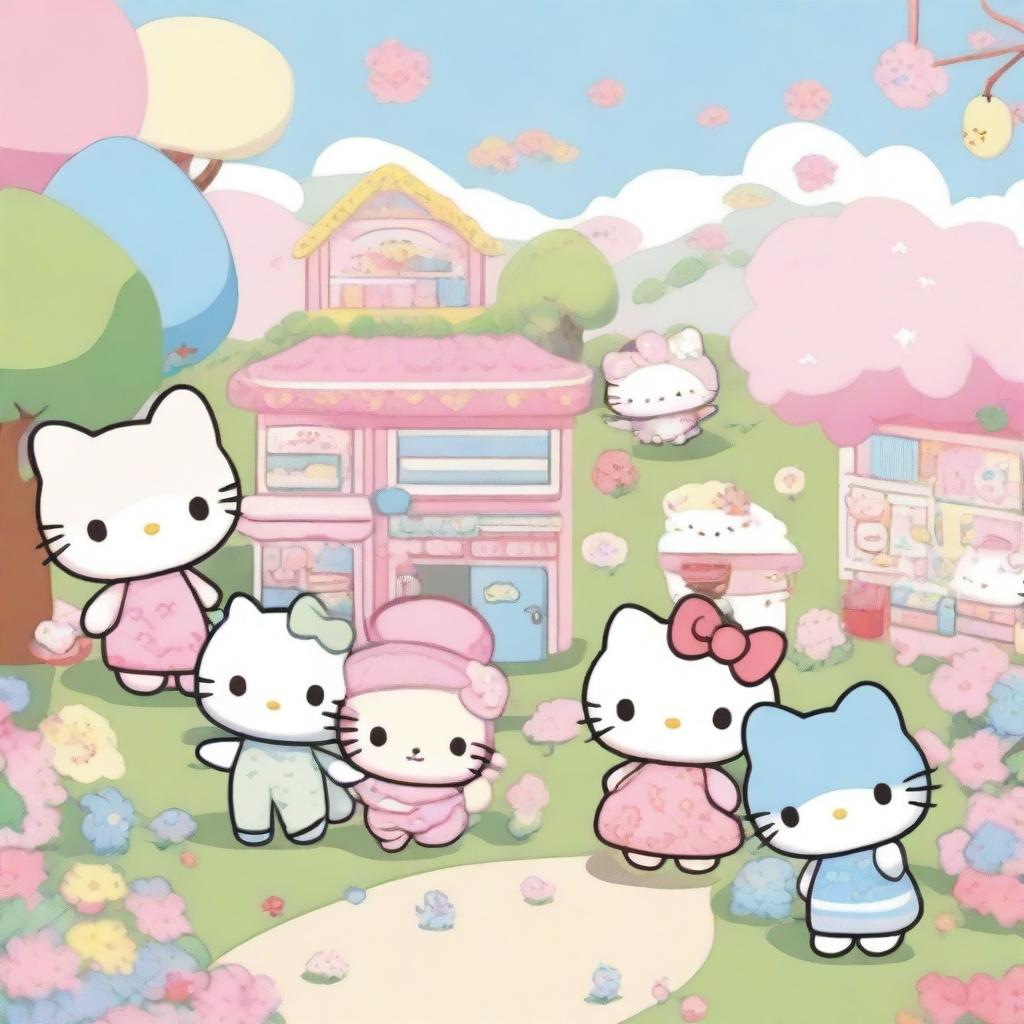 A delightful scene featuring Sanrio characters in a whimsical and colorful environment