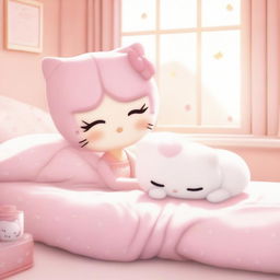 A charming image of Hello Kitty with a cute short pixie haircut, peacefully sleeping alongside her white cat