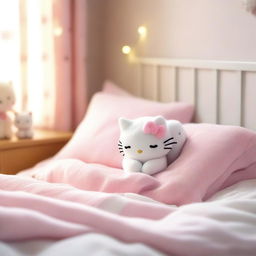 A charming image of Hello Kitty with a cute short pixie haircut, peacefully sleeping alongside her white cat