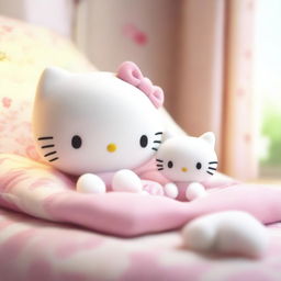 A charming image of Hello Kitty with a cute short pixie haircut, peacefully sleeping alongside her white cat