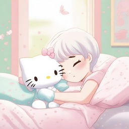 A charming image of Hello Kitty with a cute short pixie haircut, peacefully sleeping alongside her white cat