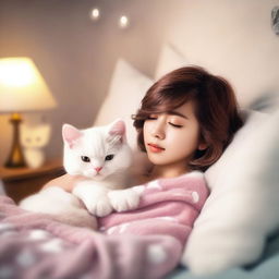 A charming image of a girl dressed as Hello Kitty with cute short brown pixie hair, peacefully sleeping alongside her white cat