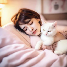 A charming image of a girl dressed as Hello Kitty with cute short brown pixie hair, peacefully sleeping alongside her white cat