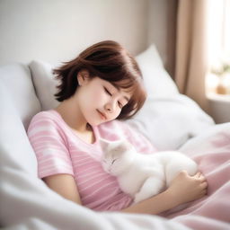 A charming image of a girl dressed as Hello Kitty with cute short brown pixie hair, peacefully sleeping alongside her white cat