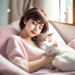 A charming image of a girl dressed as Hello Kitty with cute short brown pixie hair, peacefully sleeping alongside her white cat