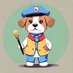 A cute, round dog dressed in a painter's outfit