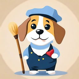 A cute, round dog dressed in a painter's outfit