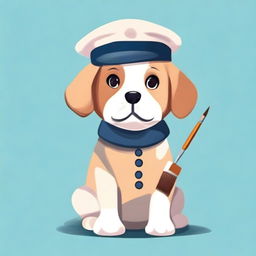 A cute, round dog dressed in a painter's outfit