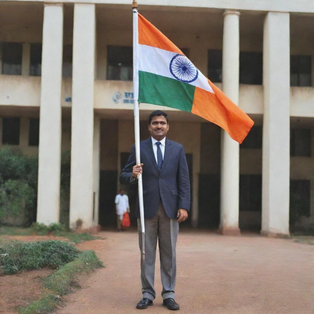 A man, dressed in a formal attire, standing outside an educational institute, proudly celebrating Republic Day holding a flag with the backdrop of the institute's logo