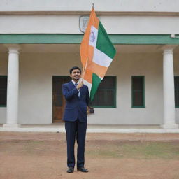 A man, dressed in a formal attire, standing outside an educational institute, proudly celebrating Republic Day holding a flag with the backdrop of the institute's logo