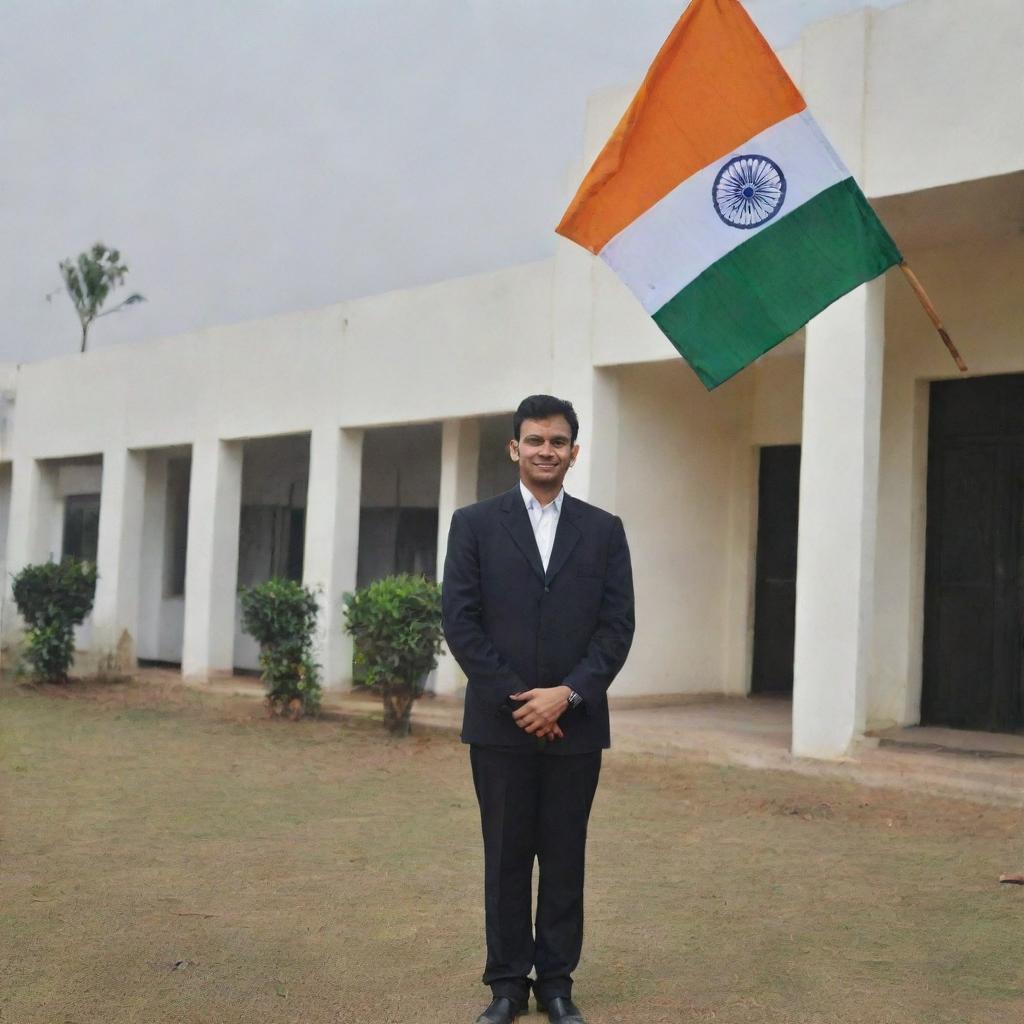 A man, dressed in a formal attire, standing outside an educational institute, proudly celebrating Republic Day holding a flag with the backdrop of the institute's logo