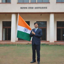 A man, dressed in a formal attire, standing outside an educational institute, proudly celebrating Republic Day holding a flag with the backdrop of the institute's logo