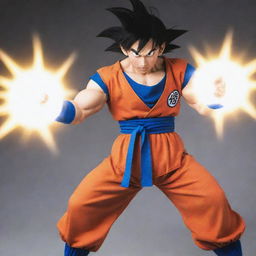 Goku from Dragon Ball Z in his iconic orange and blue uniform, performing a Kamehameha.