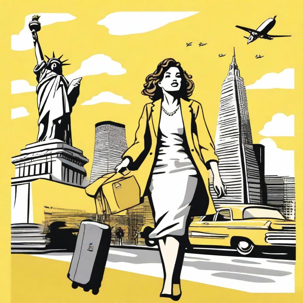 An illustration of a French woman arriving in the United States to live