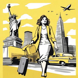 An illustration of a French woman arriving in the United States to live