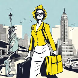 An illustration of a French woman arriving in the United States to live