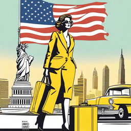 An illustration of a French woman arriving in the United States to live