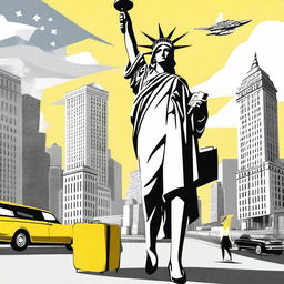 An illustration of a French woman arriving in the United States to live