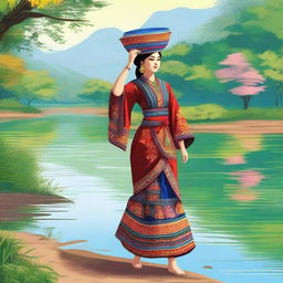 A beautiful girl walking on the shore of a river, carrying a water bucket over her head