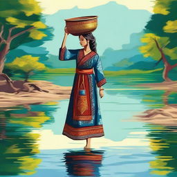 A beautiful girl walking on the shore of a river, carrying a water bucket over her head